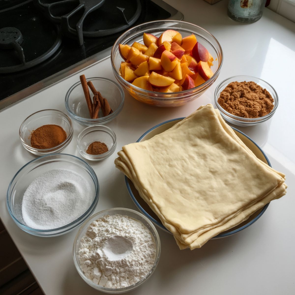 Overhead view of fresh peaches, puff pastry, and baking ingredients for peach turnovers on a white kitchen counter with a casual homemade setup.