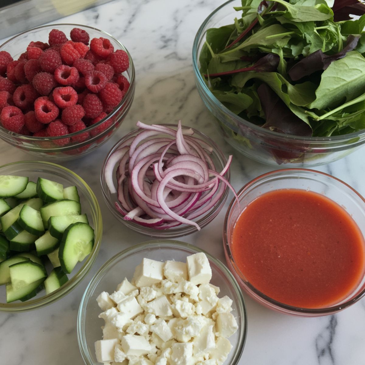 Overhead view of raspberry salad ingredients including fresh raspberries, mixed greens, cucumber, onion, feta, and vinaigrette on a white kitchen counter.