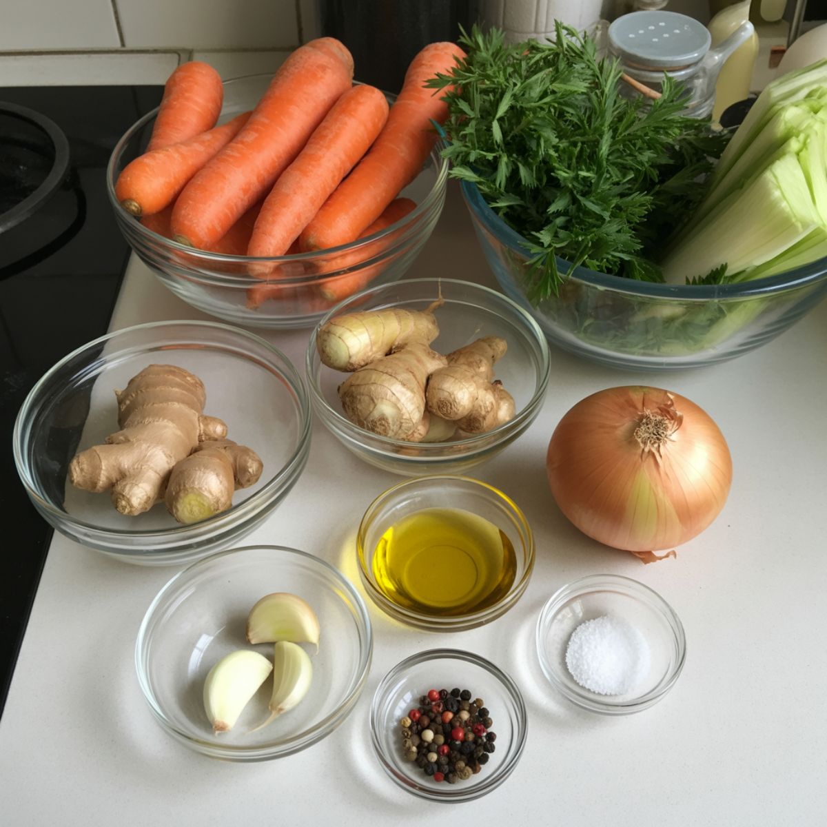 Overhead photo of fresh ingredients for roasted carrot and ginger soup on a white kitchen counter — carrots, ginger, onion, garlic, olive oil, and broth in a casual, homemade setting.