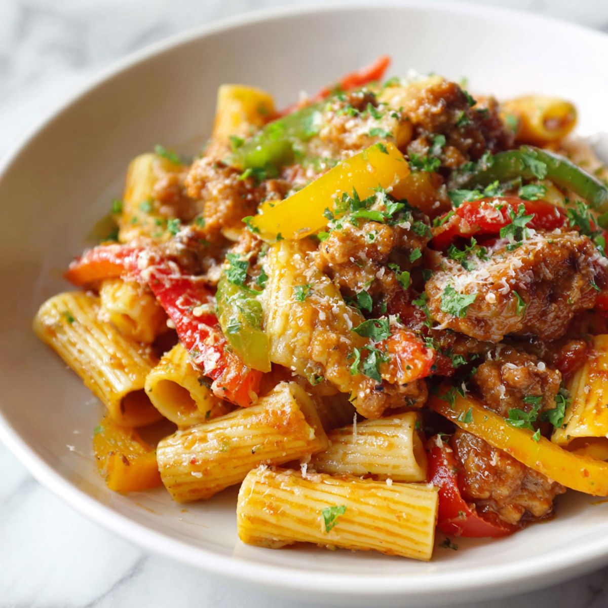 Homemade sausage and peppers rigatoni pasta recipe served in a bowl on a white kitchen counter, overhead shot in casual style.