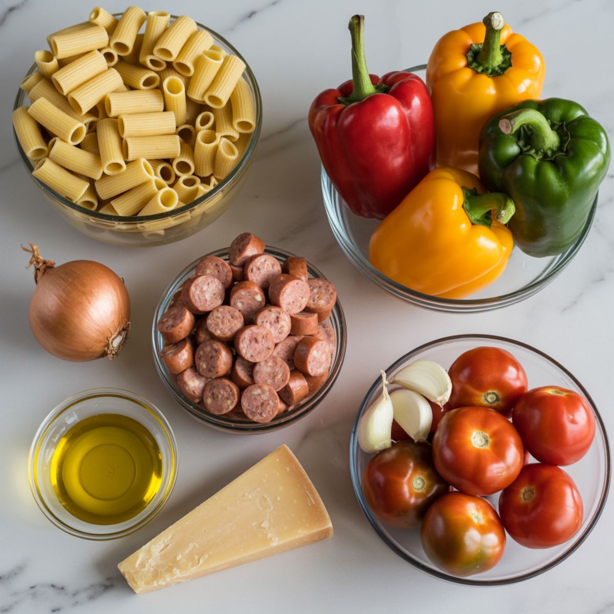 Overhead flat lay of ingredients for sausage and peppers rigatoni including pasta, Italian sausage, bell peppers, onion, garlic, and tomatoes on a white counter.