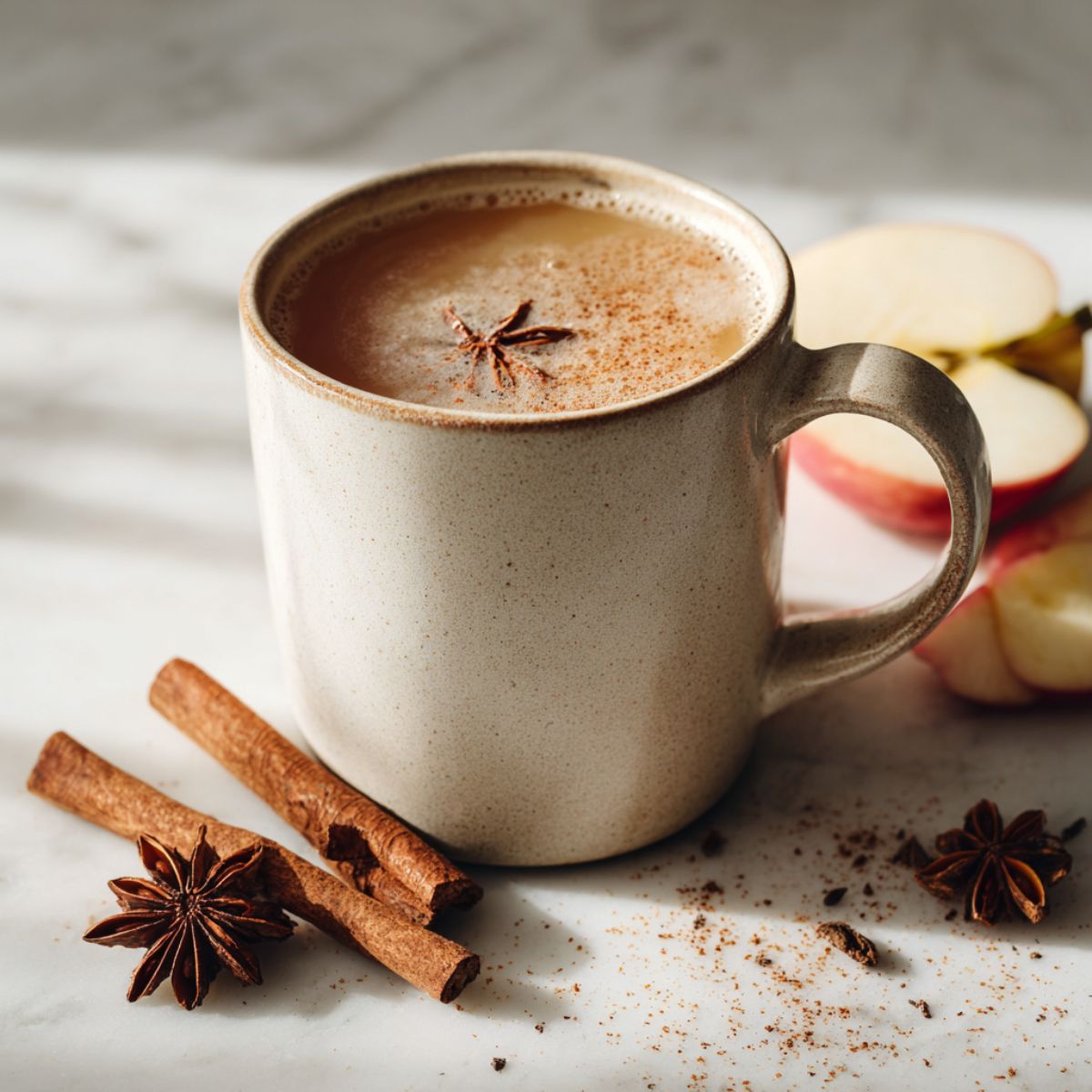 A steaming mug of spiced apple cider tea recipe on a white marble kitchen counter, surrounded by cinnamon sticks, apple slices, and cloves, photographed from above in natural morning light.