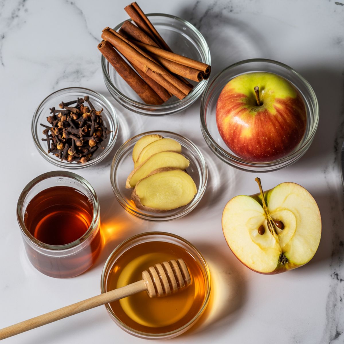 Flat lay of homemade spiced apple cider tea ingredients on a white kitchen counter, including cinnamon sticks, cloves, ginger, star anise, apple cider, and black tea bags, shot from above with a casual, real-life feel.