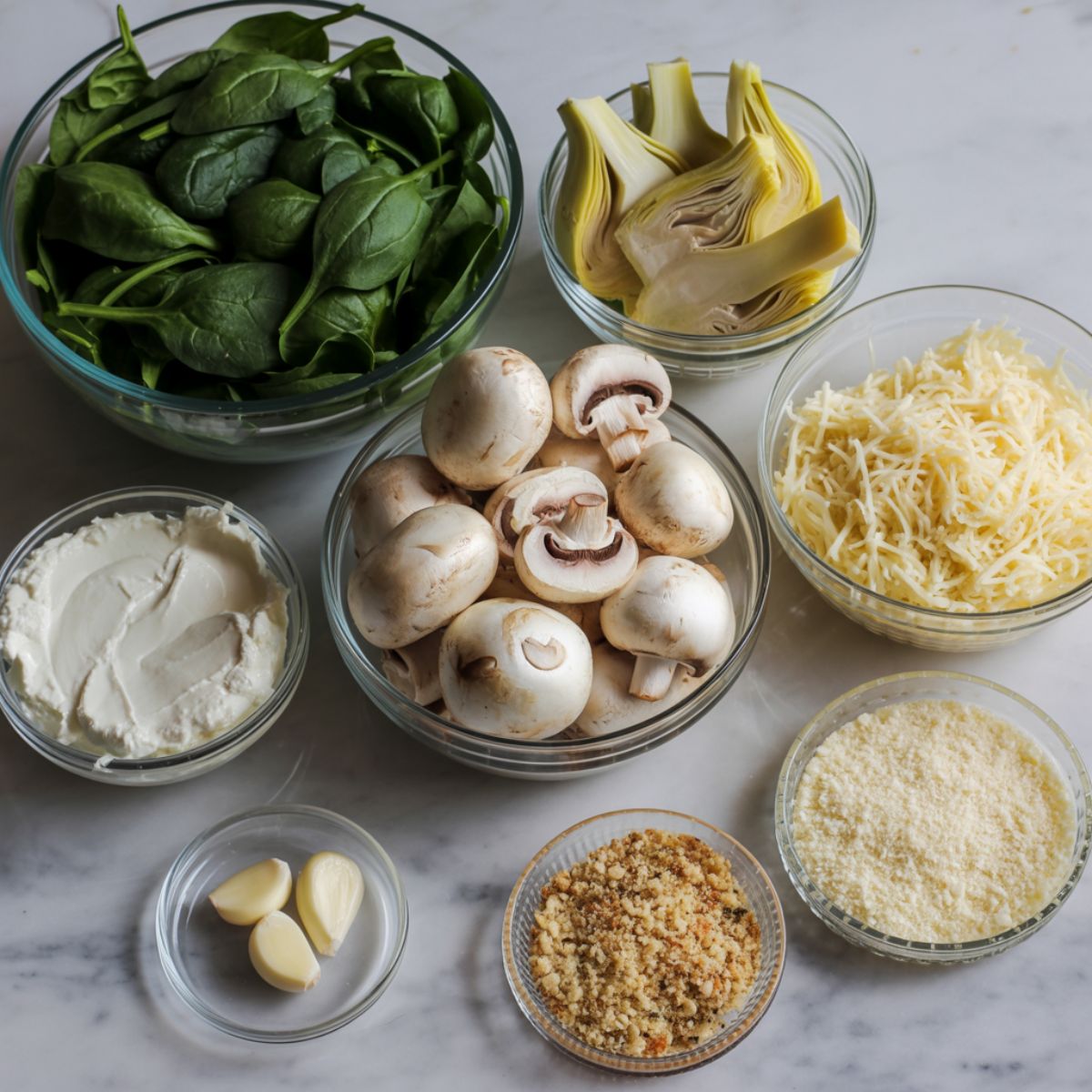 Flat lay of spinach, artichokes, mushrooms, cheese, and other ingredients on a white kitchen counter for spinach artichoke stuffed mushrooms recipe.