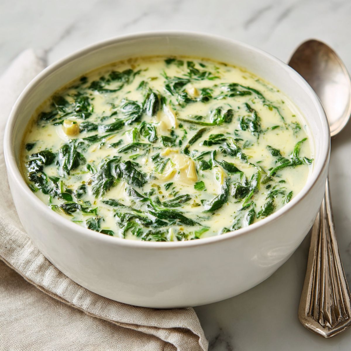 Homemade creamy spinach artichoke soup recipe in a white bowl on a marble counter, photographed from above in natural light with a cozy, homemade feel.
