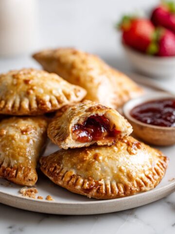 Homemade strawberry empanadas recipe fresh from the oven on a white marble counter, golden and flaky with jammy strawberry filling showing — real, cozy kitchen vibe.