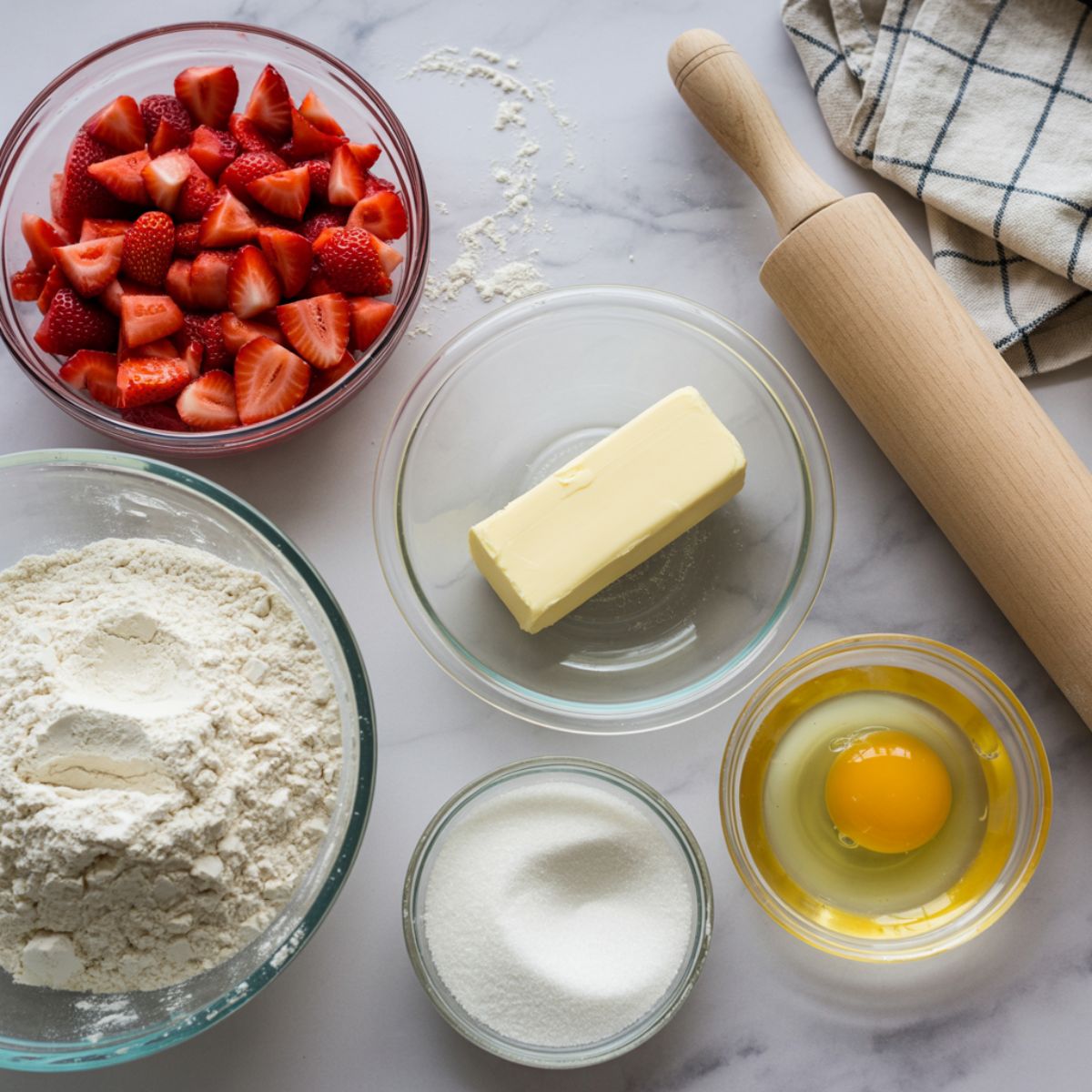 Overhead view of ingredients for strawberry empanadas on a white marble counter — strawberries, flour, butter, and sugar laid out in a cozy homemade kitchen setting.
