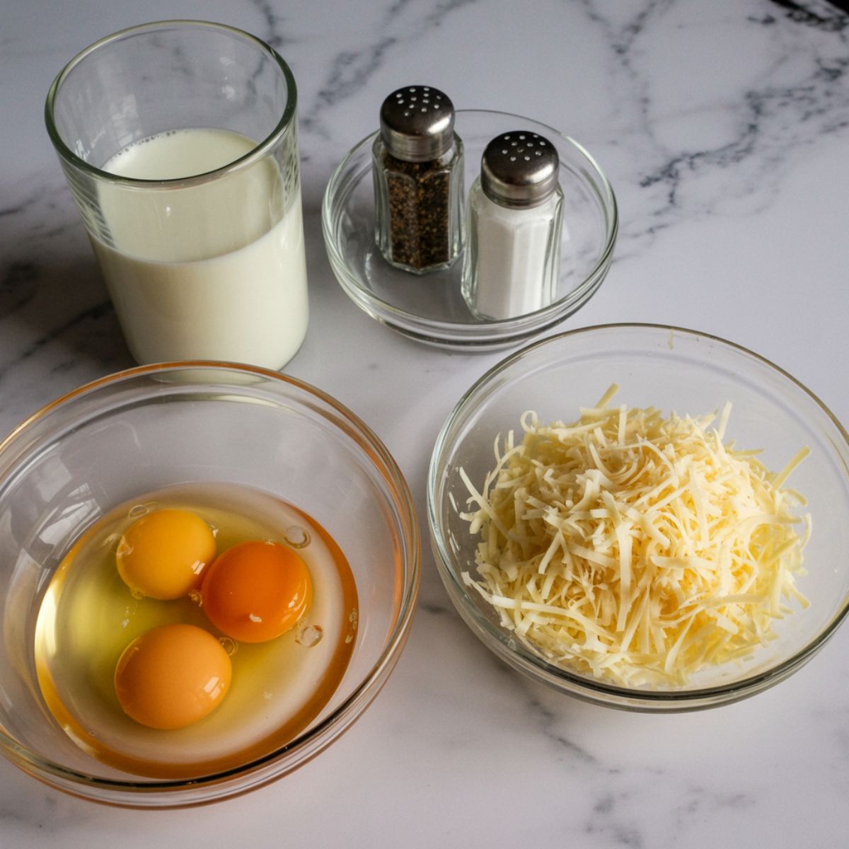 Swiss omelette ingredients laid out on a white marble counter: eggs, Gruyère cheese, butter, milk, salt, and pepper.