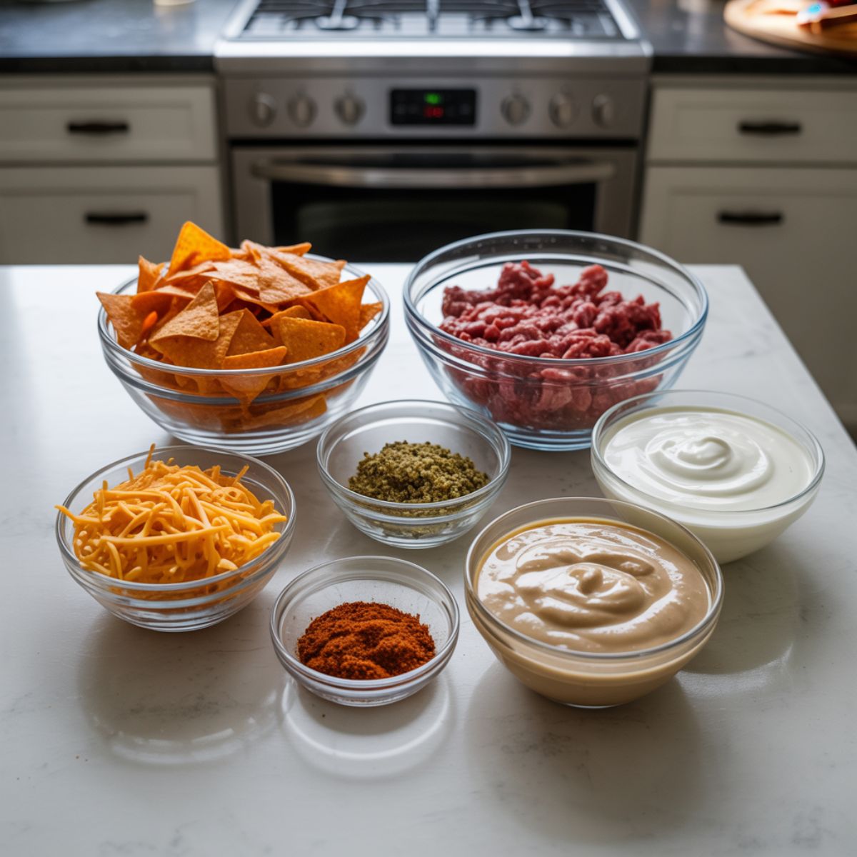 Taco Dorito Casserole ingredients on a white marble kitchen counter, including Doritos, ground beef, cheese, and taco seasoning, shot from overhead.