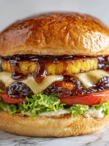 Overhead shot of a homemade teriyaki pineapple burger recipe with grilled pineapple, melted cheese, lettuce, and teriyaki glaze on a white kitchen counter.