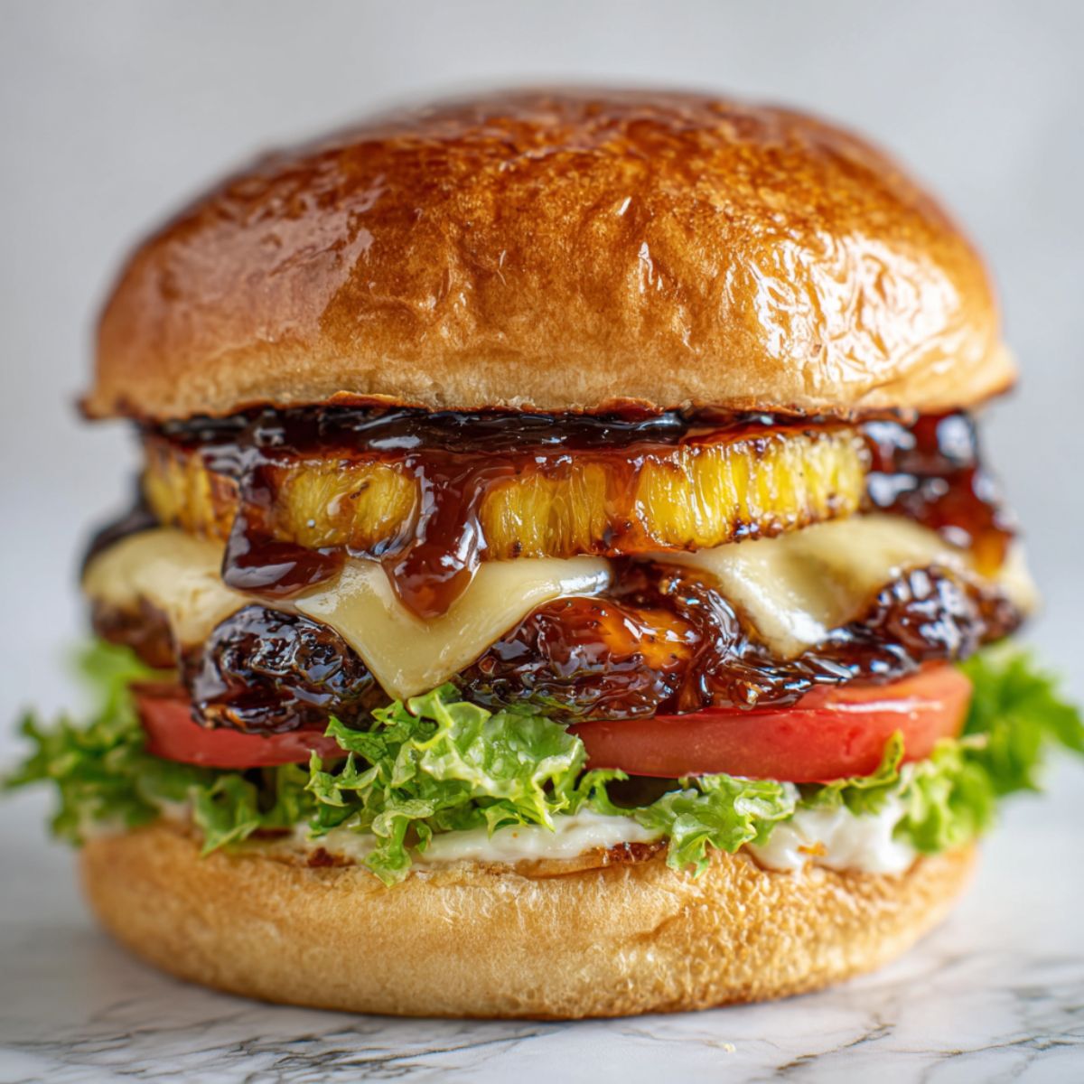 Overhead shot of a homemade teriyaki pineapple burger recipe with grilled pineapple, melted cheese, lettuce, and teriyaki glaze on a white kitchen counter.