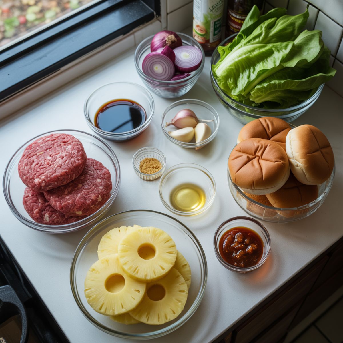 Overhead photo of teriyaki pineapple burger ingredients on a white kitchen counter including pineapple, ground beef, soy sauce, and buns in a casual homemade setting.