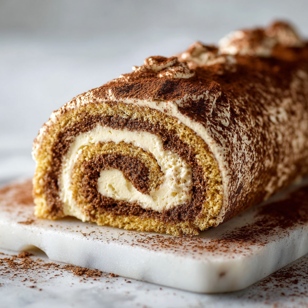 Overhead shot of a homemade tiramisu cake roll recipe sliced on a white marble counter with visible mascarpone swirls and cocoa dusting.
