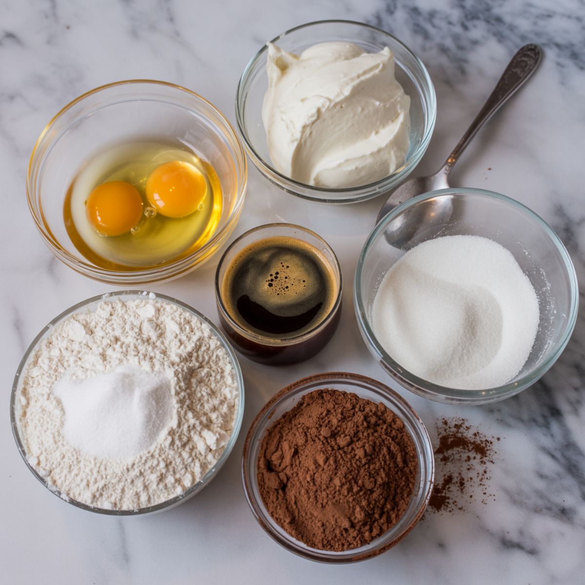 Overhead image of tiramisu cake roll ingredients on a white kitchen counter including mascarpone, eggs, espresso, and cocoa powder.