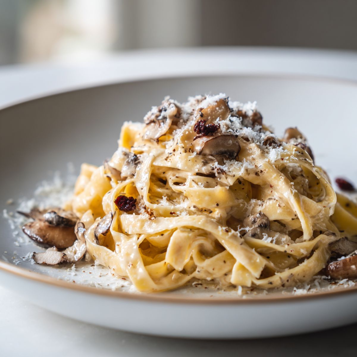 Homemade truffle tagliatelle recipe pasta served on a plate with creamy sauce, mushrooms, and Parmesan on a white kitchen counter.