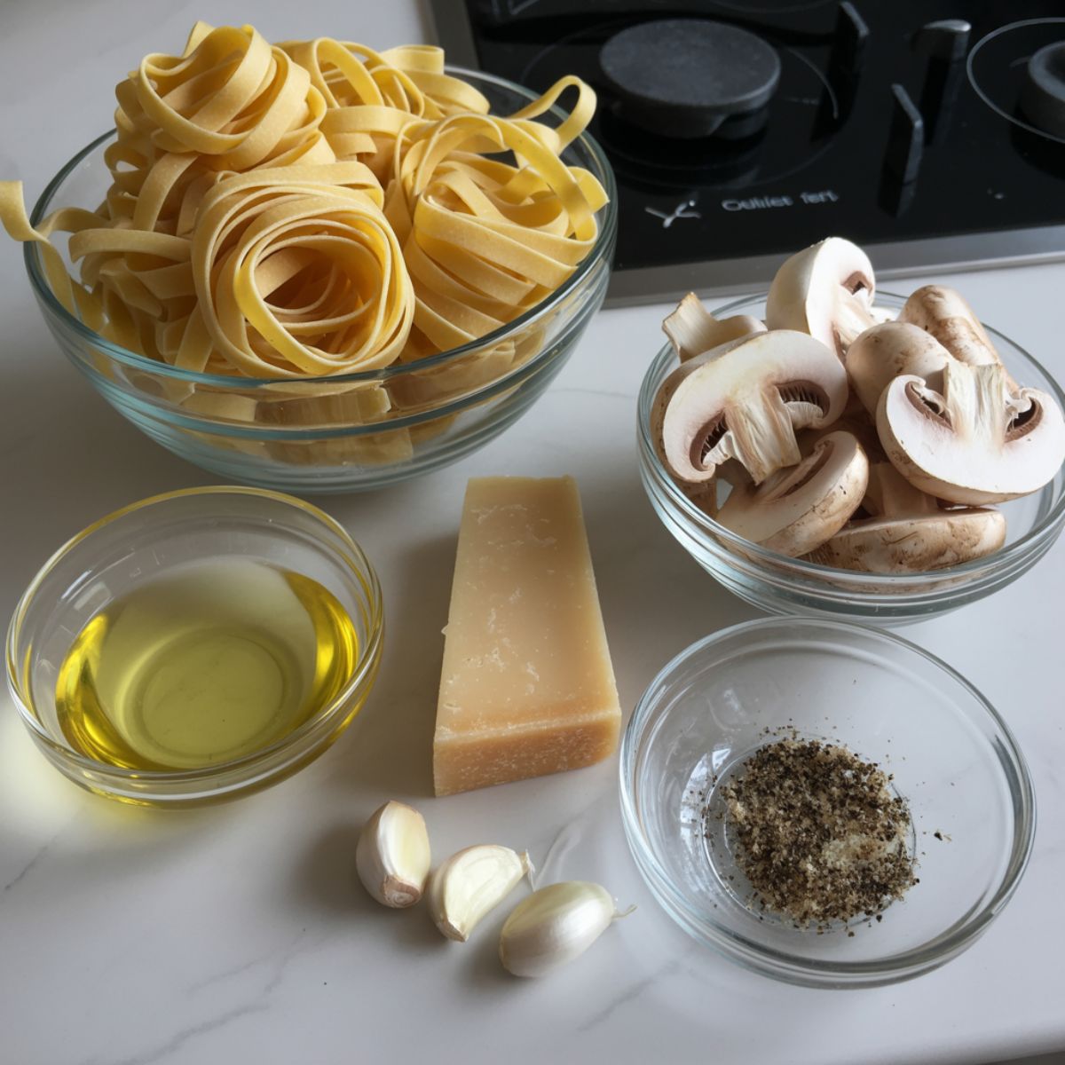 Overhead view of fresh tagliatelle, mushrooms, Parmesan cheese, garlic, and truffle oil on a white kitchen counter.