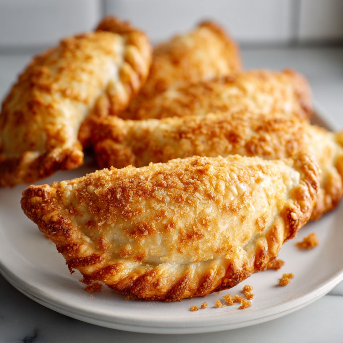 Overhead shot of homemade tuna empanadas recipe with golden flaky crust and savory tuna filling on a white kitchen counter, photographed in natural light for a real homemade look.