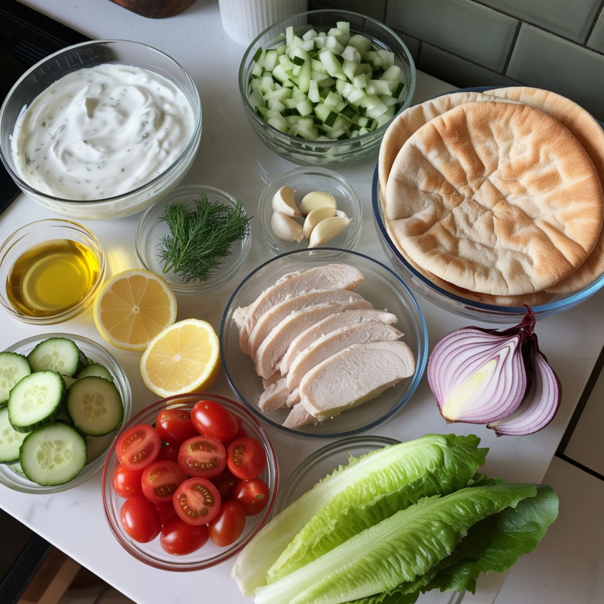 Overhead photo of fresh ingredients for making a tzatziki sandwich, including Greek yogurt, cucumber, dill, lemon, olive oil, pita, chicken, and vegetables on a white counter.