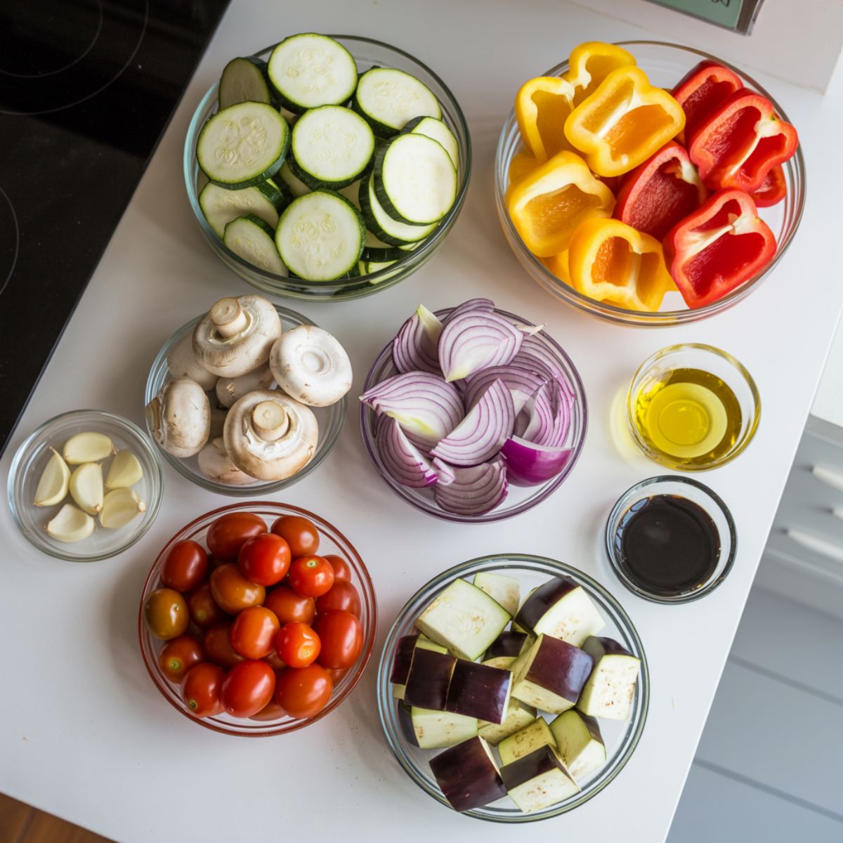Overhead shot of fresh chopped vegetables and marinade ingredients for homemade veggie skewers on a white kitchen counter.