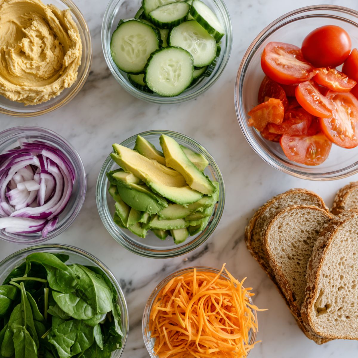 Overhead shot of hummus, cucumber, tomato, spinach, red onion, carrots, avocado, and whole grain bread arranged casually on a white kitchen counter, looking homemade and natural.