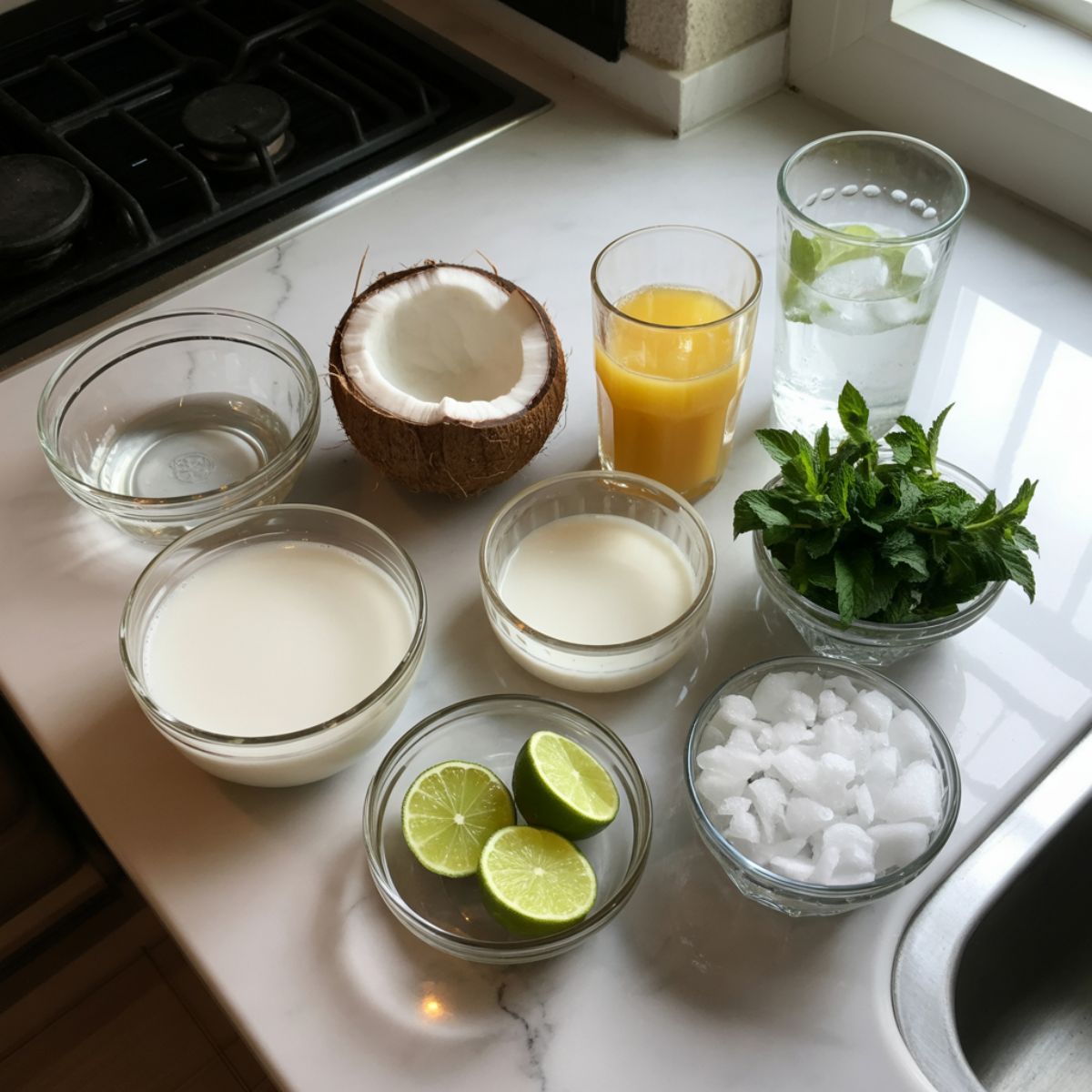 Overhead shot of coconut mocktail ingredients including coconut milk, pineapple juice, lime, mint leaves, and crushed ice on a white marble kitchen counter, photographed naturally.
