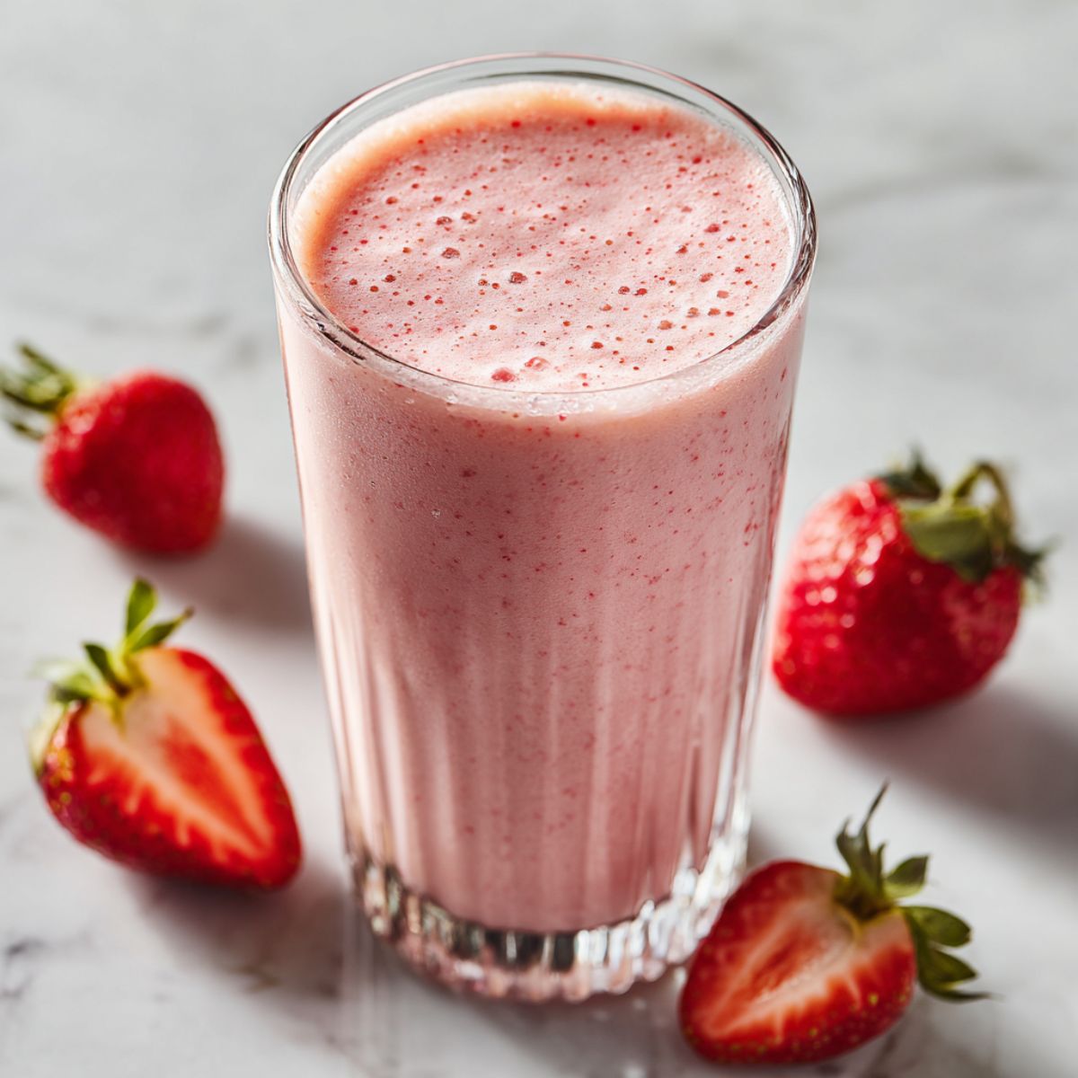 “Homemade strawberry banana protein smoothie recipe in a clear glass on a white kitchen counter with strawberries, banana slices, and protein powder around it.”