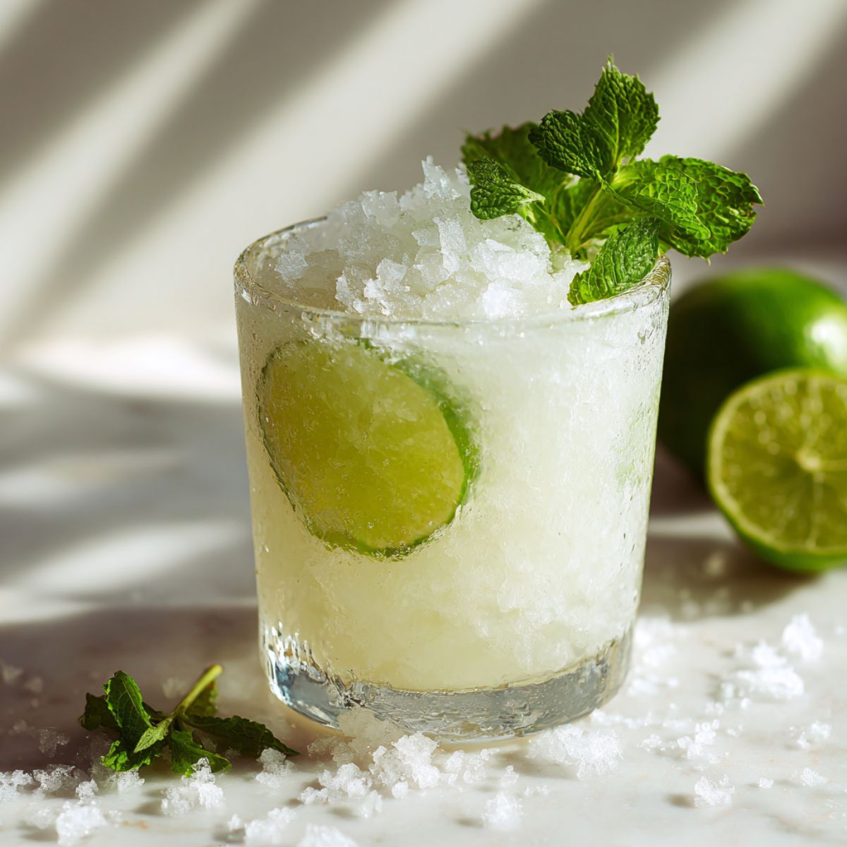 Overhead photo of a homemade coconut mocktail recipe on a white marble kitchen counter with lime and mint garnish, looking refreshing and natural.