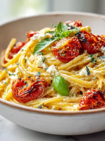 Homemade feta spaghetti recipe with roasted cherry tomatoes and basil served on a white kitchen counter — cozy and creamy Mediterranean pasta.