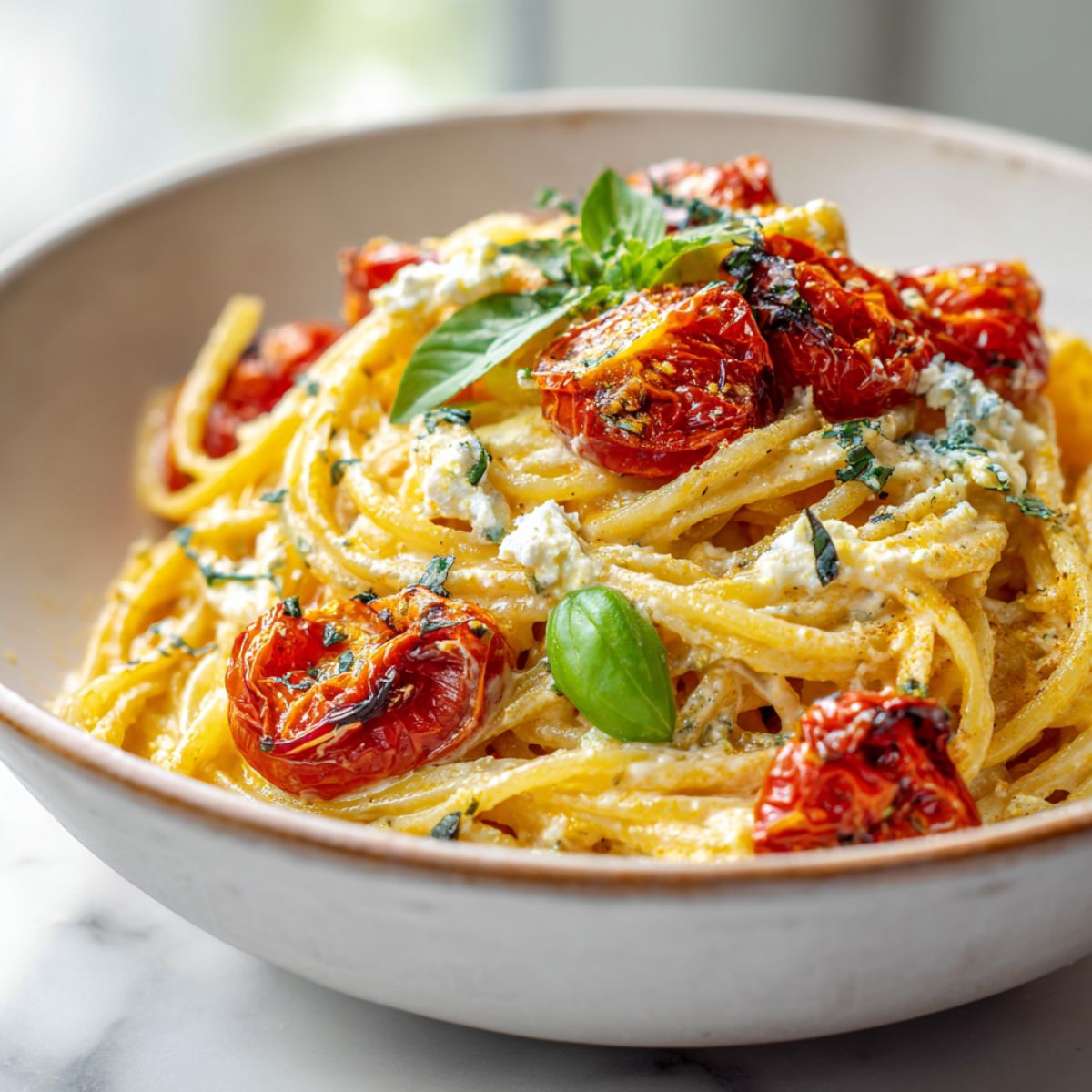 Homemade feta spaghetti with roasted cherry tomatoes and basil served on a white kitchen counter — cozy and creamy Mediterranean pasta.