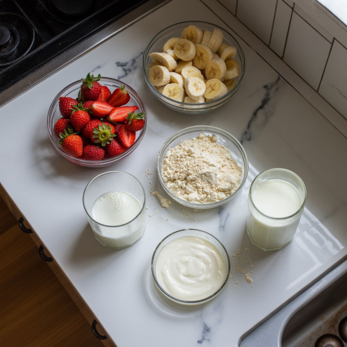 “Top view of ingredients for strawberry banana protein smoothie including strawberries, banana, protein powder, almond milk, and Greek yogurt on a white kitchen counter.”