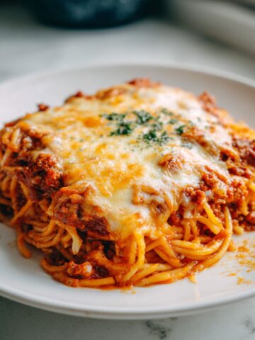 Overhead view of a homemade loaded spaghetti recipe casserole fresh from the oven with golden melted cheese and crispy edges on a white kitchen counter.