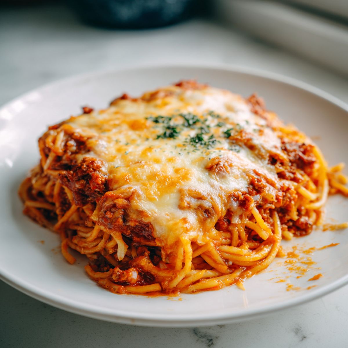 Overhead view of a homemade loaded spaghetti recipe casserole fresh from the oven with golden melted cheese and crispy edges on a white kitchen counter.