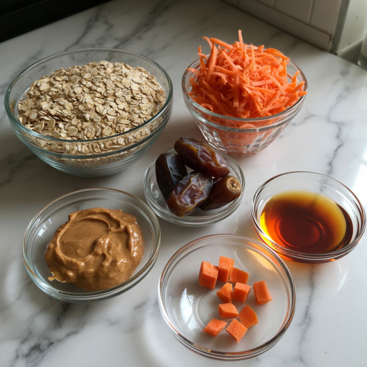 Overhead view of ingredients for carrot cake energy balls including oats, dates, almond butter, shredded carrots, and maple syrup on a white kitchen counter.