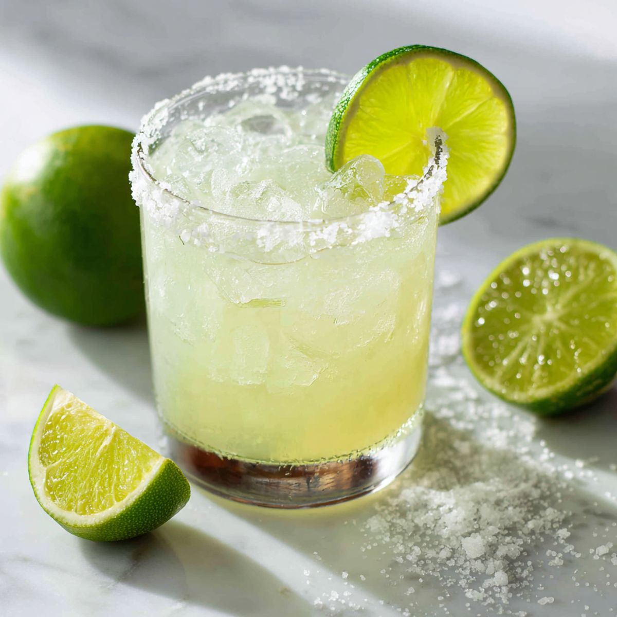 “Homemade margarita mocktail recipe with salt rim and lime wedge on a white kitchen counter, photographed from above.”