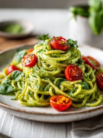 Homemade creamy avocado spaghetti recipe served in a rustic bowl on a white kitchen counter with cherry tomatoes and basil, photographed from above.