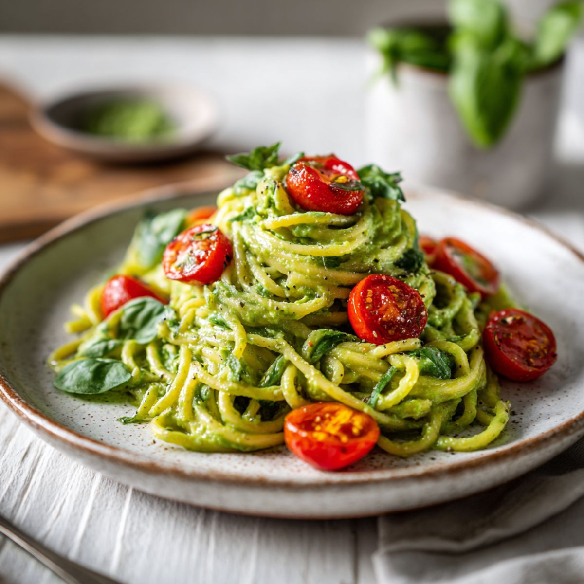 Homemade creamy avocado spaghetti recipe served in a rustic bowl on a white kitchen counter with cherry tomatoes and basil, photographed from above.