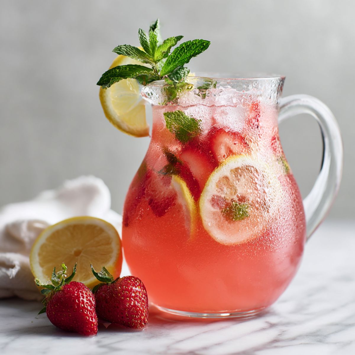 Overhead shot of homemade strawberry lemonade with mint recipe and lemon slices on a white marble counter, photographed naturally with a real, homemade feel.
