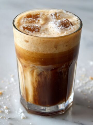 Homemade iced brown sugar shaken espresso recipe in a tall glass on a white marble counter, with melted ice and natural froth for a cozy homemade feel.