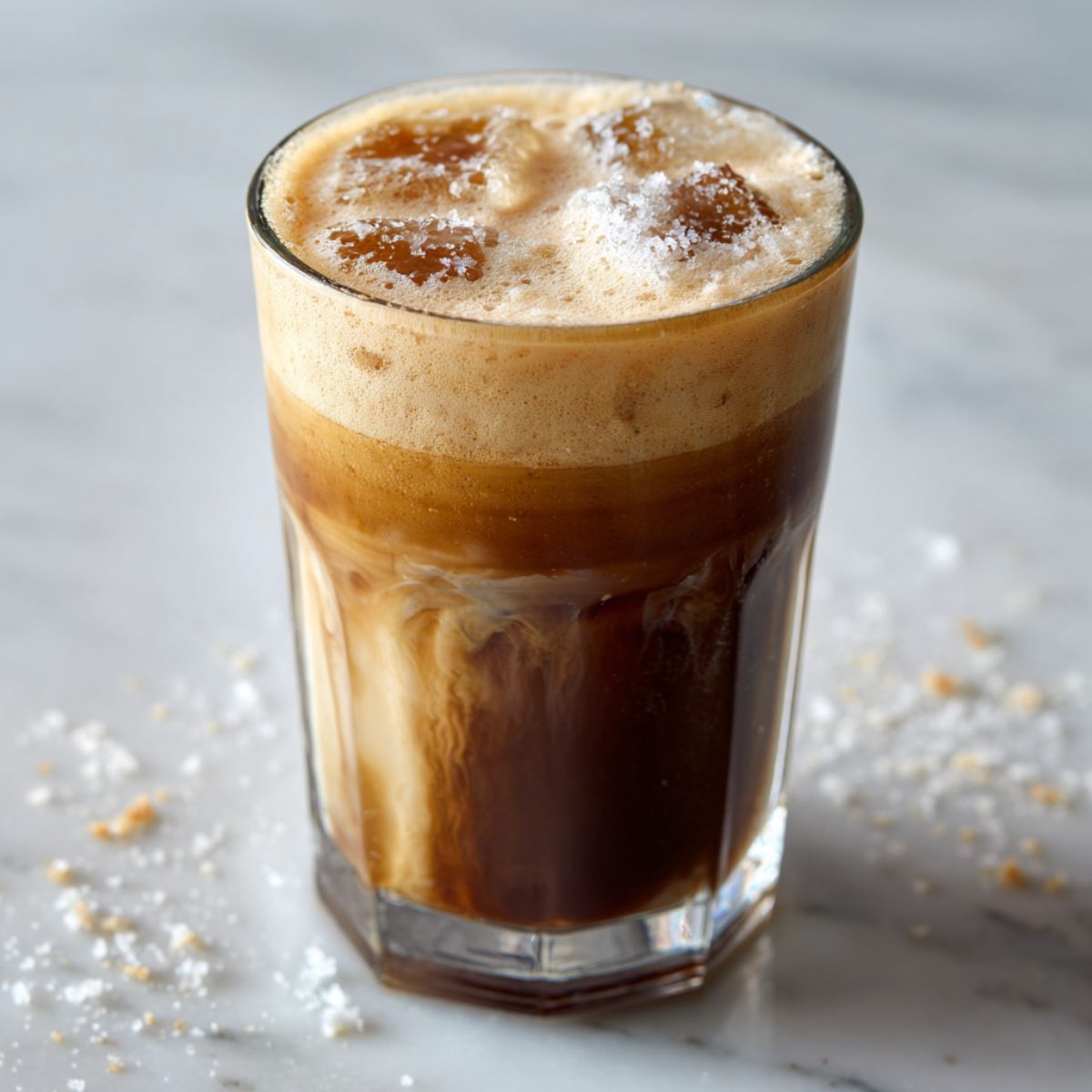 Homemade iced brown sugar shaken espresso recipe in a tall glass on a white marble counter, with melted ice and natural froth for a cozy homemade feel.