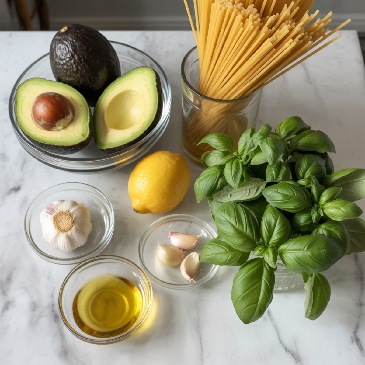 Flat lay of ingredients for avocado spaghetti — avocados, lemon, garlic, olive oil, basil, and spaghetti — arranged casually on a white kitchen counter.