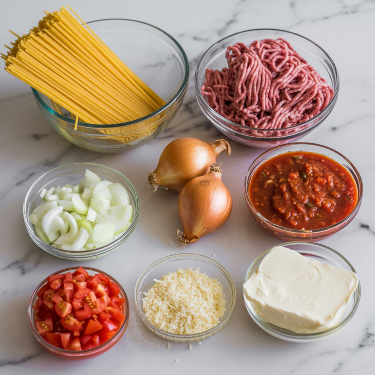 Overhead flat lay of white sauce pasta ingredients including pasta, vegetables, butter, milk, cheese, and seasonings on a white marble kitchen counter.