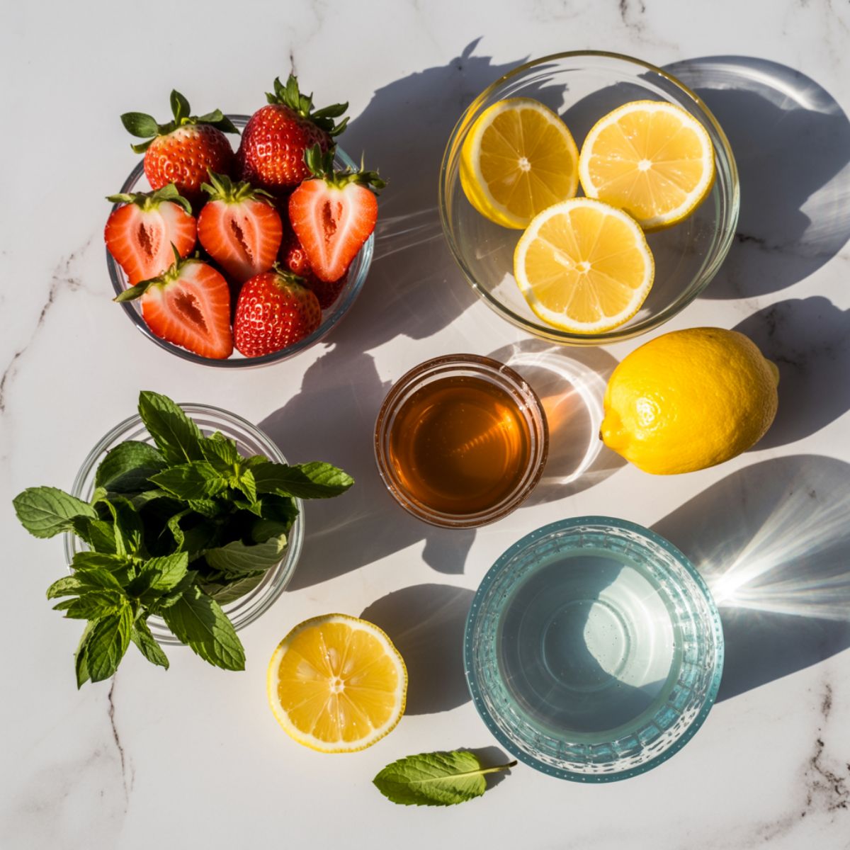 Overhead photo of fresh ingredients for strawberry lemonade with mint, including strawberries, lemons, mint leaves, and honey, displayed naturally on a white marble kitchen counter.