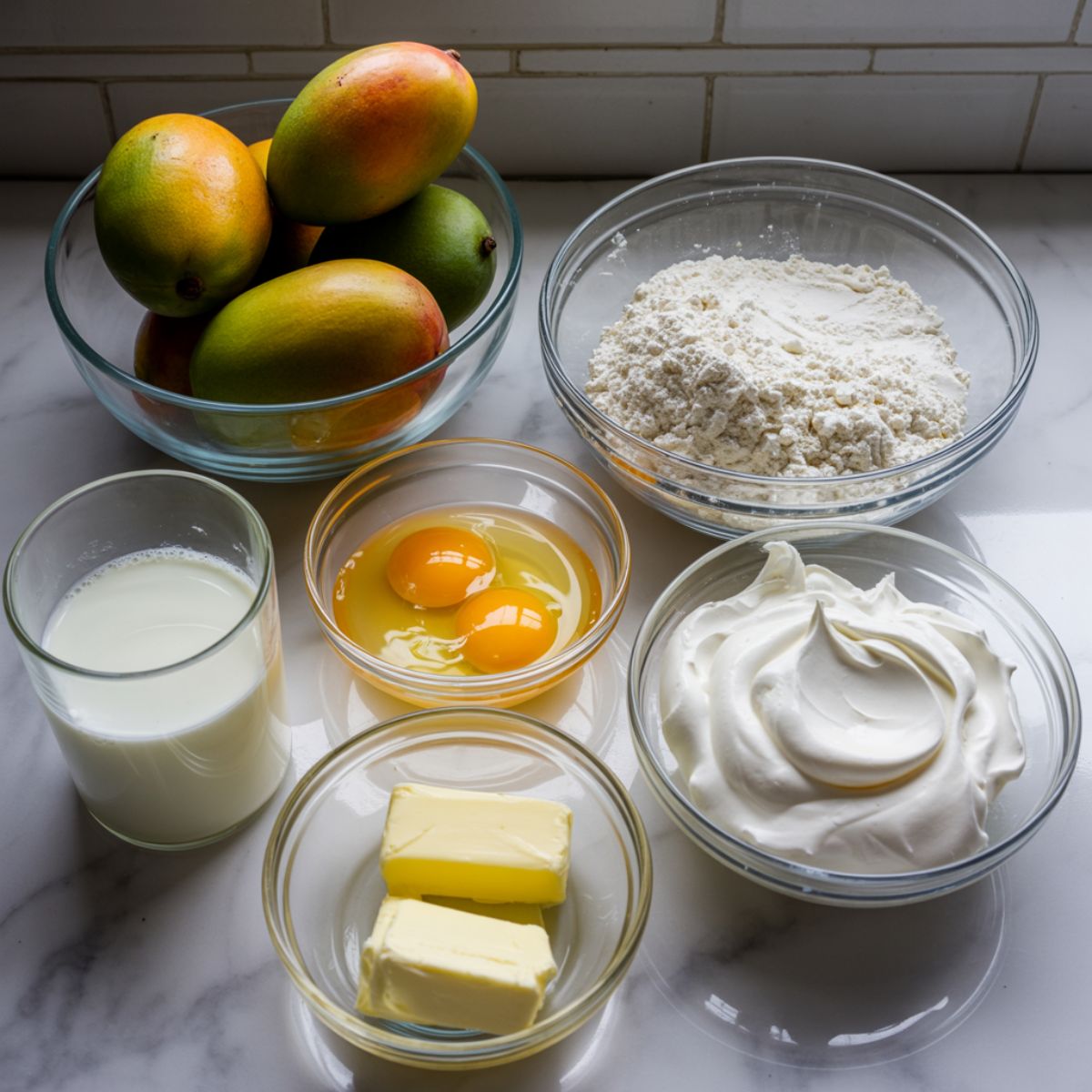 Overhead view of mango pancake ingredients including mangoes, flour, eggs, milk, and whipped cream on a white marble counter.