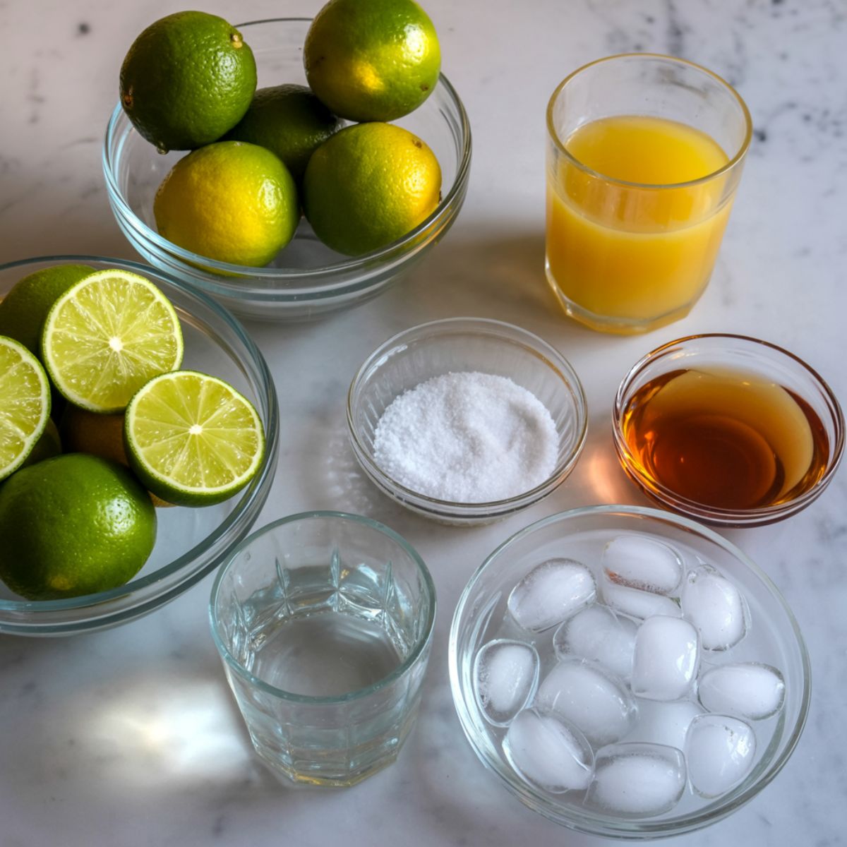 “Fresh limes, orange juice, agave syrup, salt, and ice cubes arranged for a margarita mocktail recipe on a white kitchen counter.”