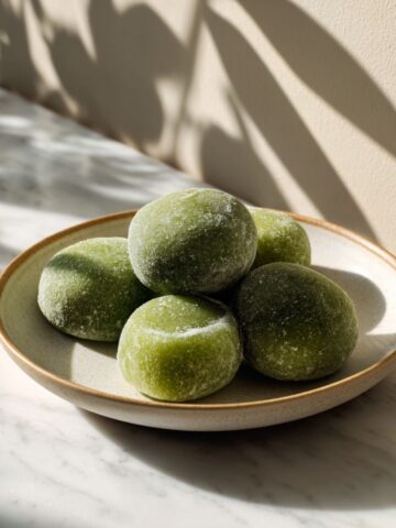Overhead view of homemade matcha green tea mochi recipe balls on a white marble counter, dusted with cornstarch and slightly uneven for a natural, handmade look.