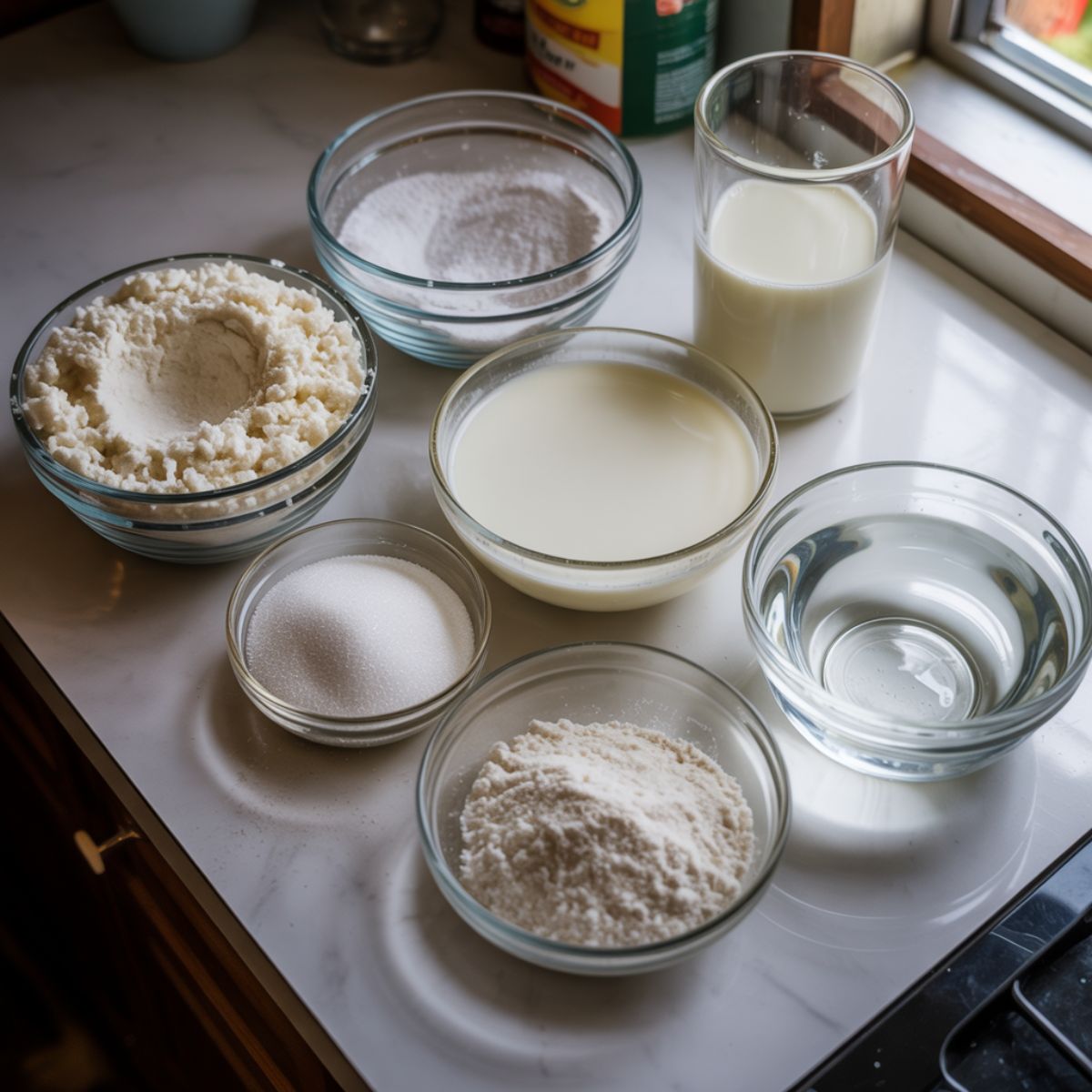 Overhead view of milk mochi ingredients on a white kitchen counter, including milk, rice flour, sugar, and cornstarch, in small glass bowls with a homemade feel.