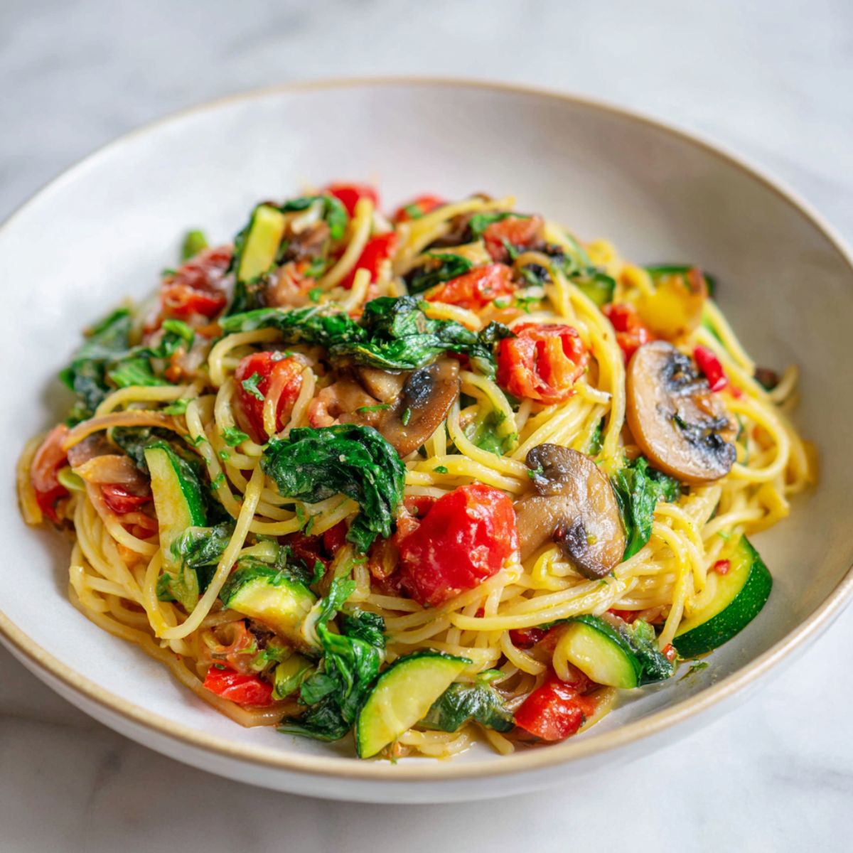“Homemade veggie spaghetti recipe with colorful vegetables and tomato sauce on a white marble counter, photographed from above in natural light.”