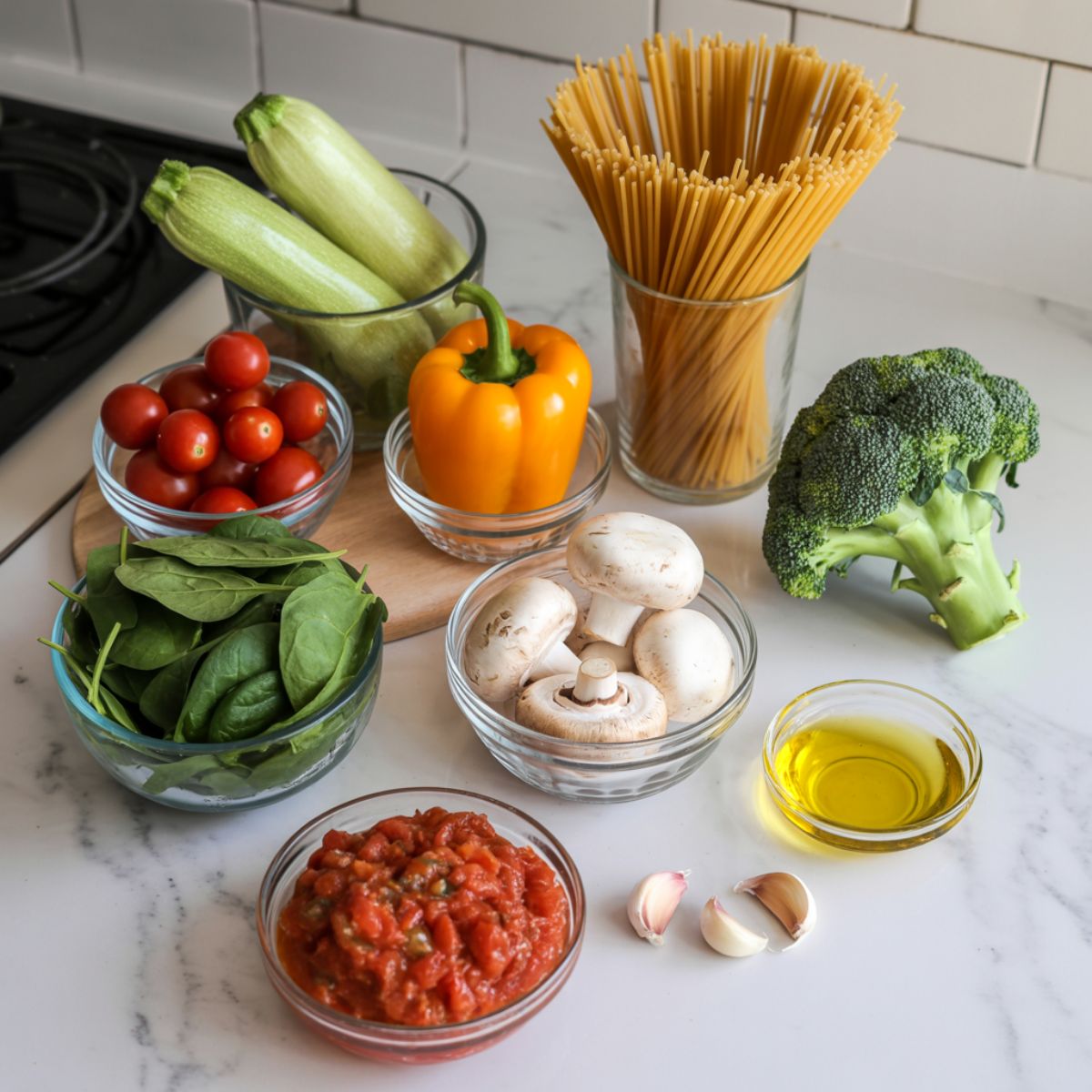 “Flat lay of fresh ingredients for veggie spaghetti on a white marble counter — spaghetti, zucchini, peppers, tomatoes, spinach, broccoli, and garlic.”